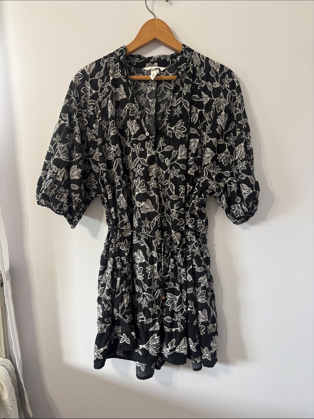 H&M Black Mini Dress with White Floral Print
